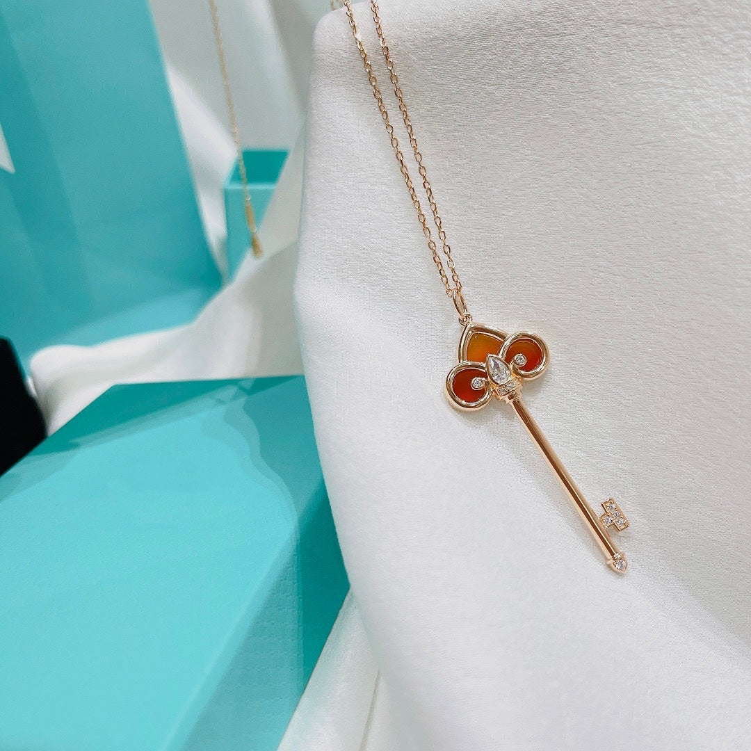 Fleur De Lis Pink Gold Diamond Carnelian Necklace