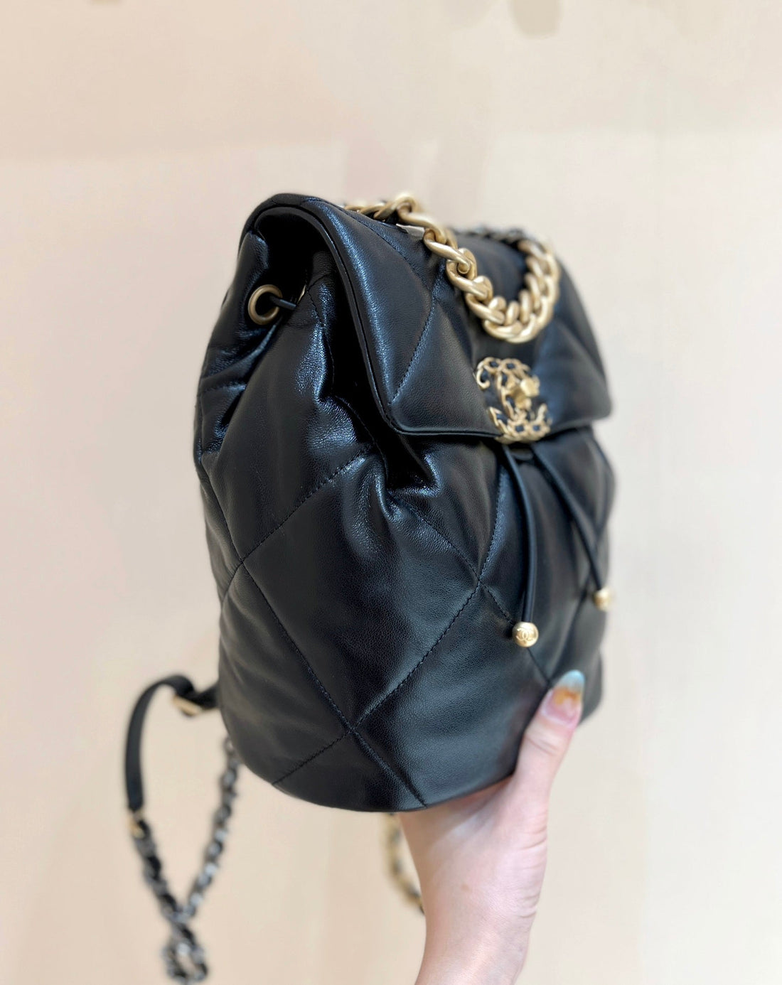 CC 19 Backpack Bag 26CM Black Goatskin Gold Hardware