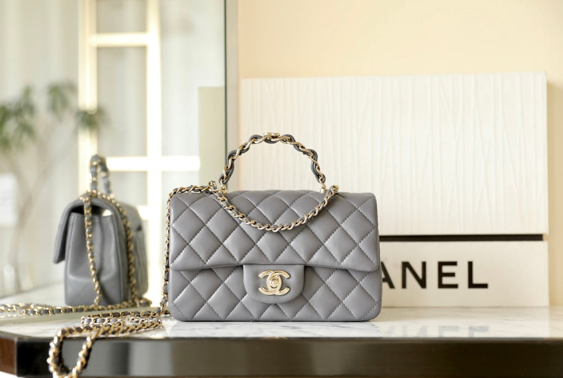 Flap Bag 23 Grey Lambskin Gold Hardware Top Hand