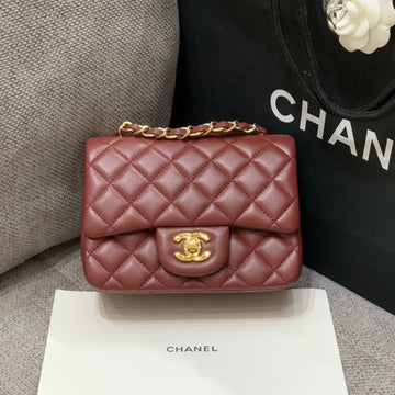 Mini Square Flap Bag 17CM Burgundy Lambskin Gold Hardware