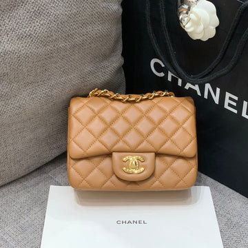 Mini Square Flap Bag 17CM Brown Lambskin Gold Hardware