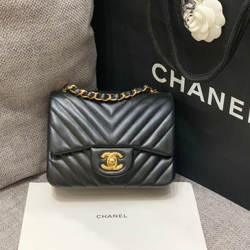 Mini Square Flap Bag 17CM Black Lambskin Chevron Gold Hardware