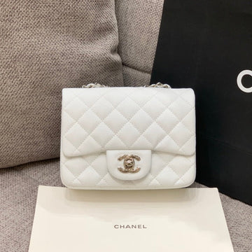 Mini Square Flap Bag 17CM White Caviar Silver Hardware