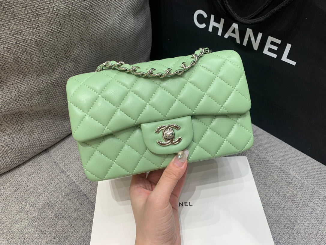 MINI RECTANGLE FLAP BAG 20CM LIME LAMBSKIN SILVER HARDWARE Bags Bible