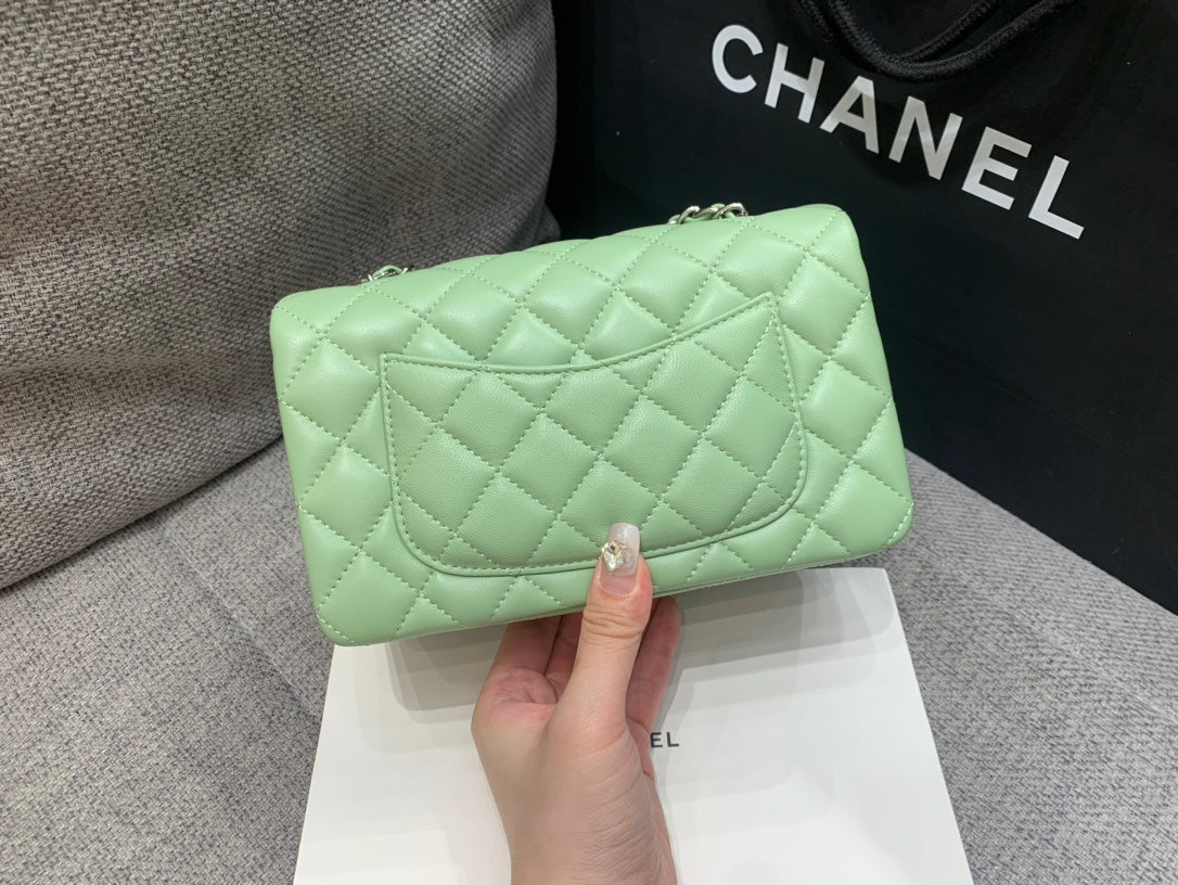 MINI RECTANGLE FLAP BAG 20CM LIME LAMBSKIN SILVER HARDWARE Bags Bible