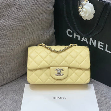 Mini Rectangle Flap Bag 20CM Yellow Lambskin Silver Hardware