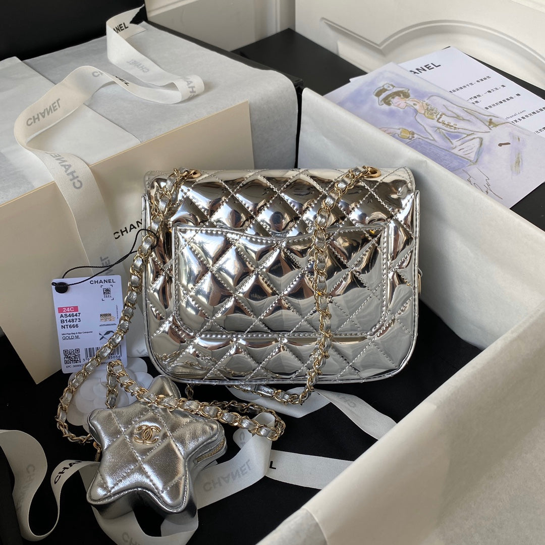 Flap Bag Mini Rectange 20CM Silver Metalic Calfskin