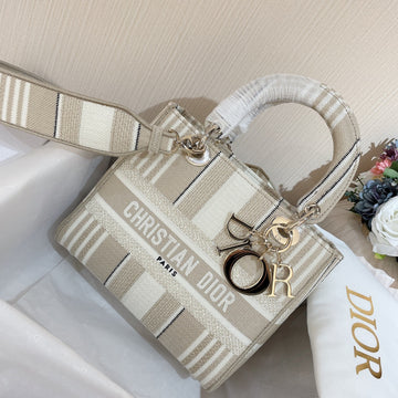 Medium Lady-Dlite Bag Beige Stripes Embroidery