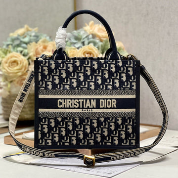 CD Small Book Tote 26 Blue Oblique Embroidery