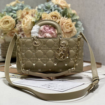 Medium Lady D-Joy 26 Butterfly Stud Olive Lambskin