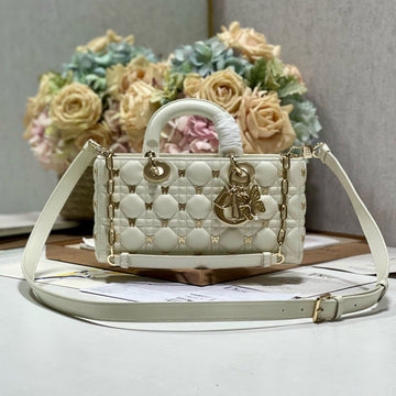 Medium Lady D-Joy 26 Butterfly Stud White Lambskin