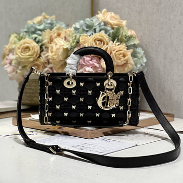 Medium Lady D-Joy 26 Butterfly Stud Black Lambskin