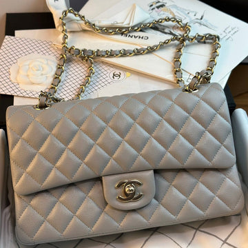 Flap Bag 25CM Gold Hardware Grey Caviar