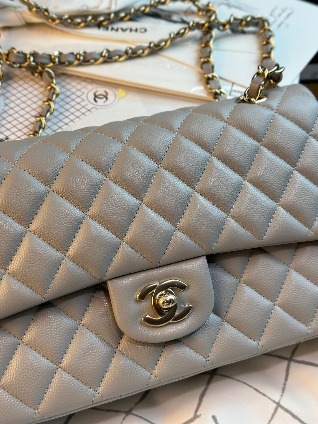 Flap Bag 25CM Gold Hardware Grey Caviar