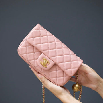 Mini Rectangle Flap Bag 20CM Pink Lambskin Gold Hardware