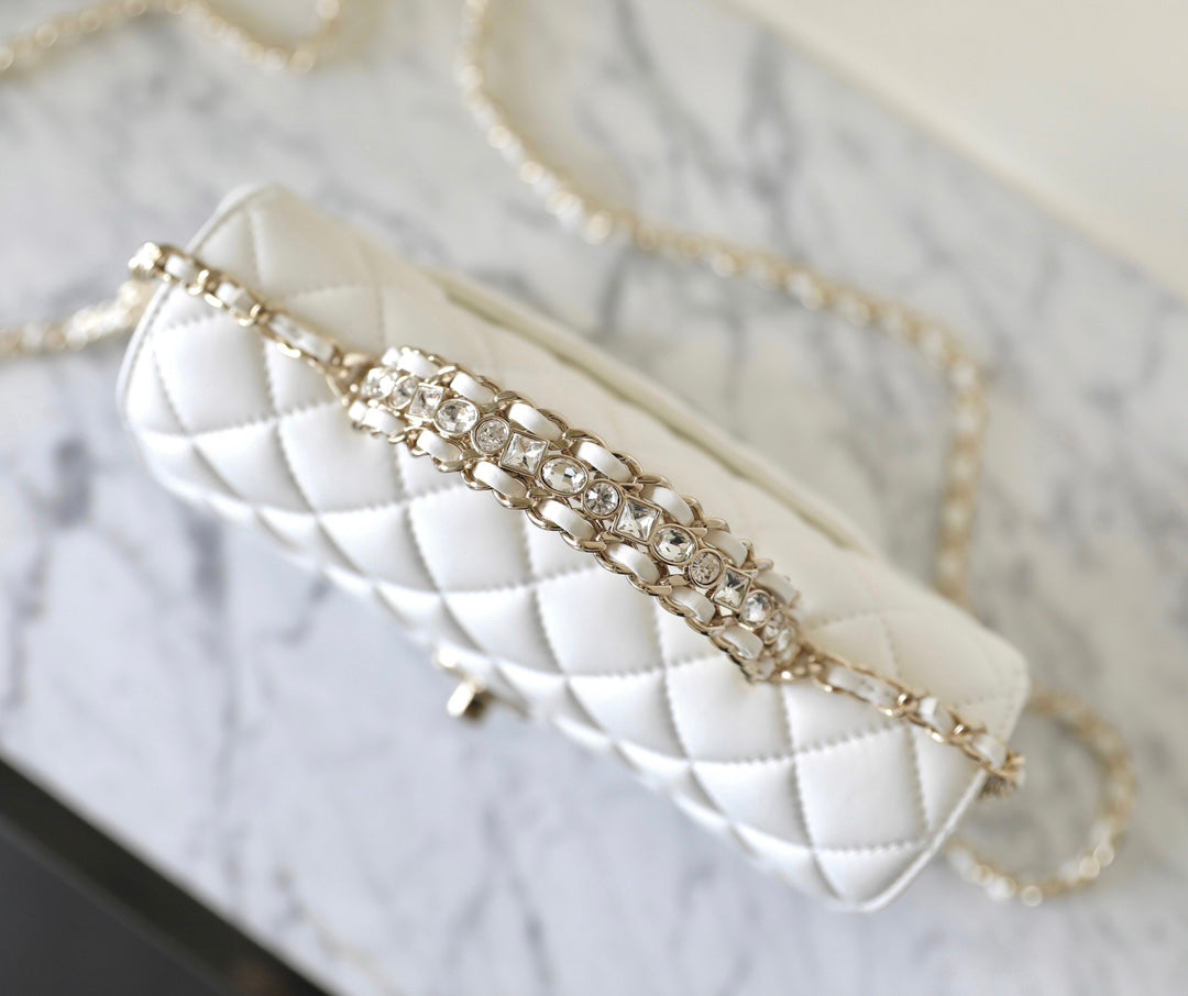 MINI RECTANGLE FLAP BAG TOP HANDLE 20CM WHITE LAMBSKIN GOLD HARDWARE Bags Bible