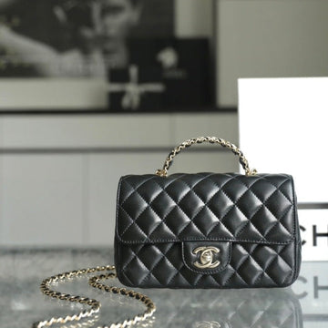 Mini Rectangle Flap Bag Top Handle 20CM Black Lambskin Silver Hardware