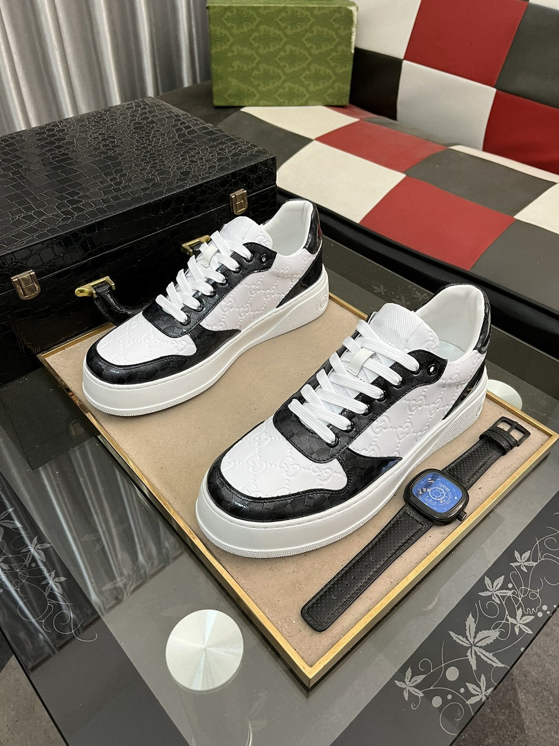 GG Sneakers In Embossed White Black Cowhide Leather