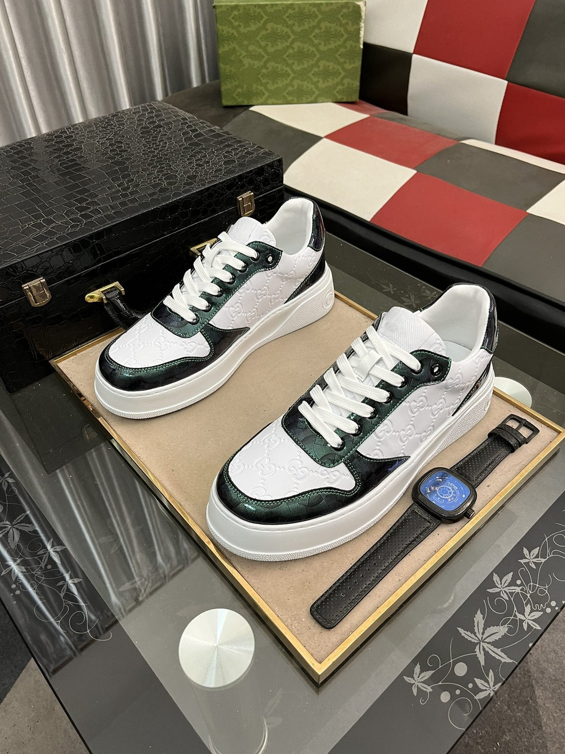 GG Sneakers In Embossed Green White Cowhide Leather