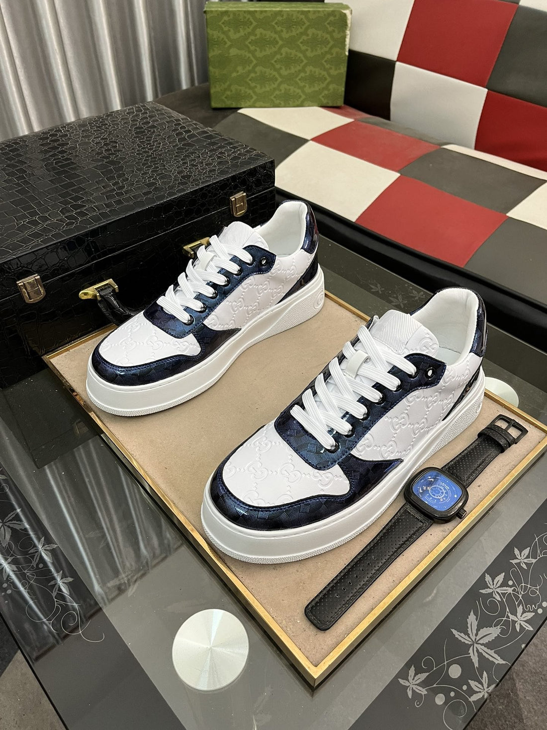 GG Sneakers In Embossed Blue White Cowhide Leather