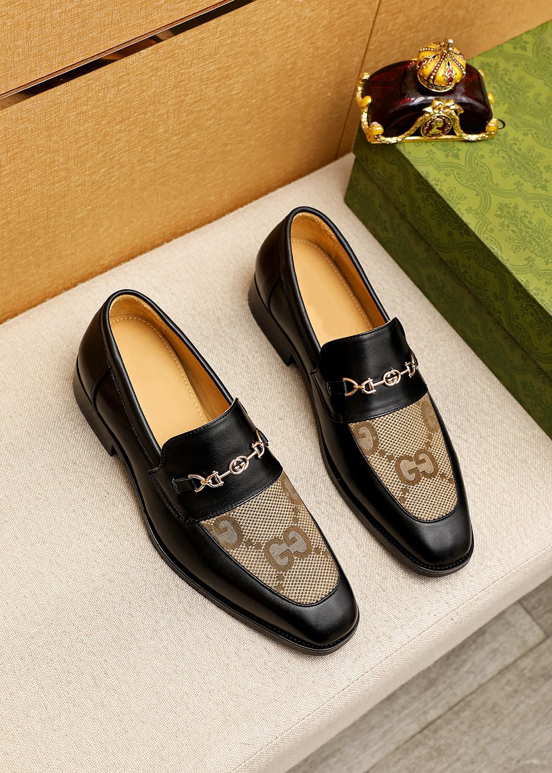 GG Black Leather And Canvas Maxi Loafers