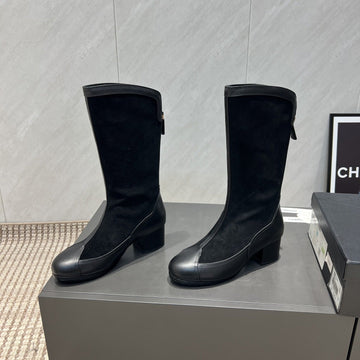 CC 25S Round Toe Mid-Heel Zippered High Boots In Black Cowhide And Suede 442489