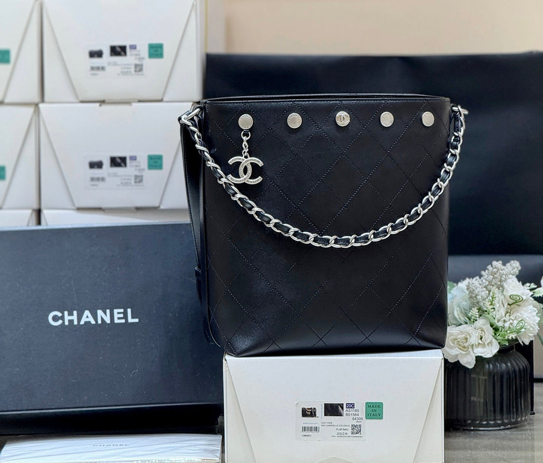 CC 25P Rivet Bucket Bag Silver Hardware In Black Polished Lambskin