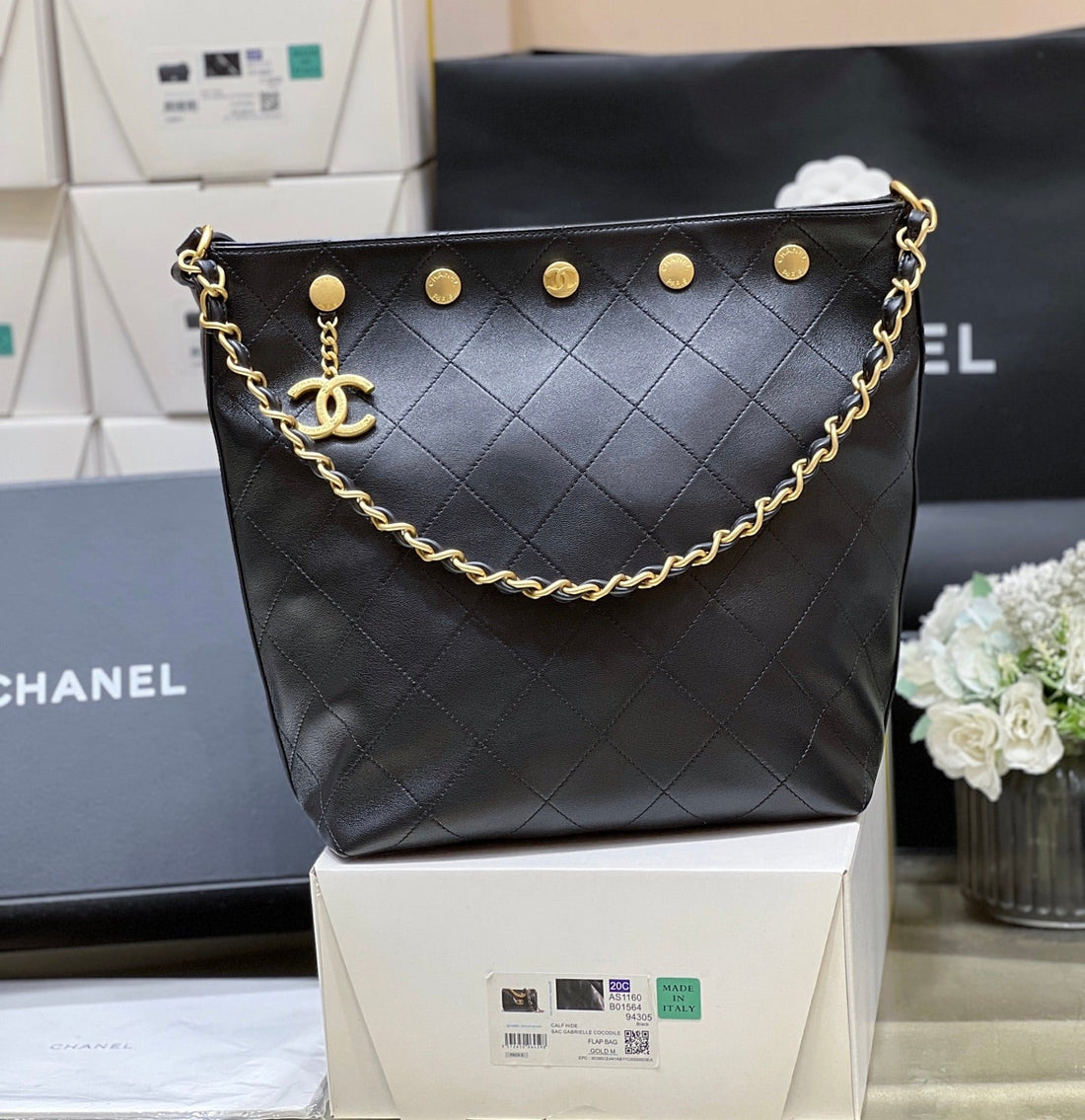 CC 25P Rivet Bucket Bag Gold Hardware In Black Polished Lambskin