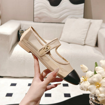 CC 25S Coco Beach Mary Jane Flats Beige And Black Mesh Cowhide 329017