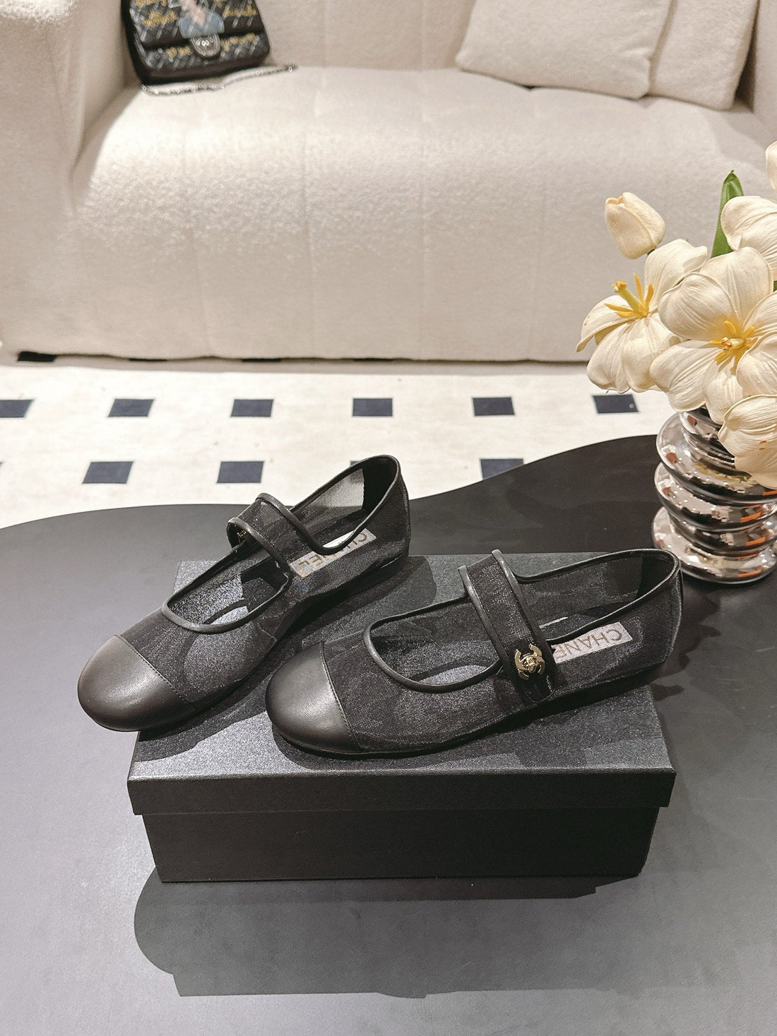 CC 25S Coco Beach Mary Jane Flats Black Mesh Cowhide 329019