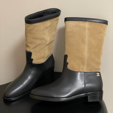 Chanel Boot 25 Beige Mix Black Cowhide Suede 175368