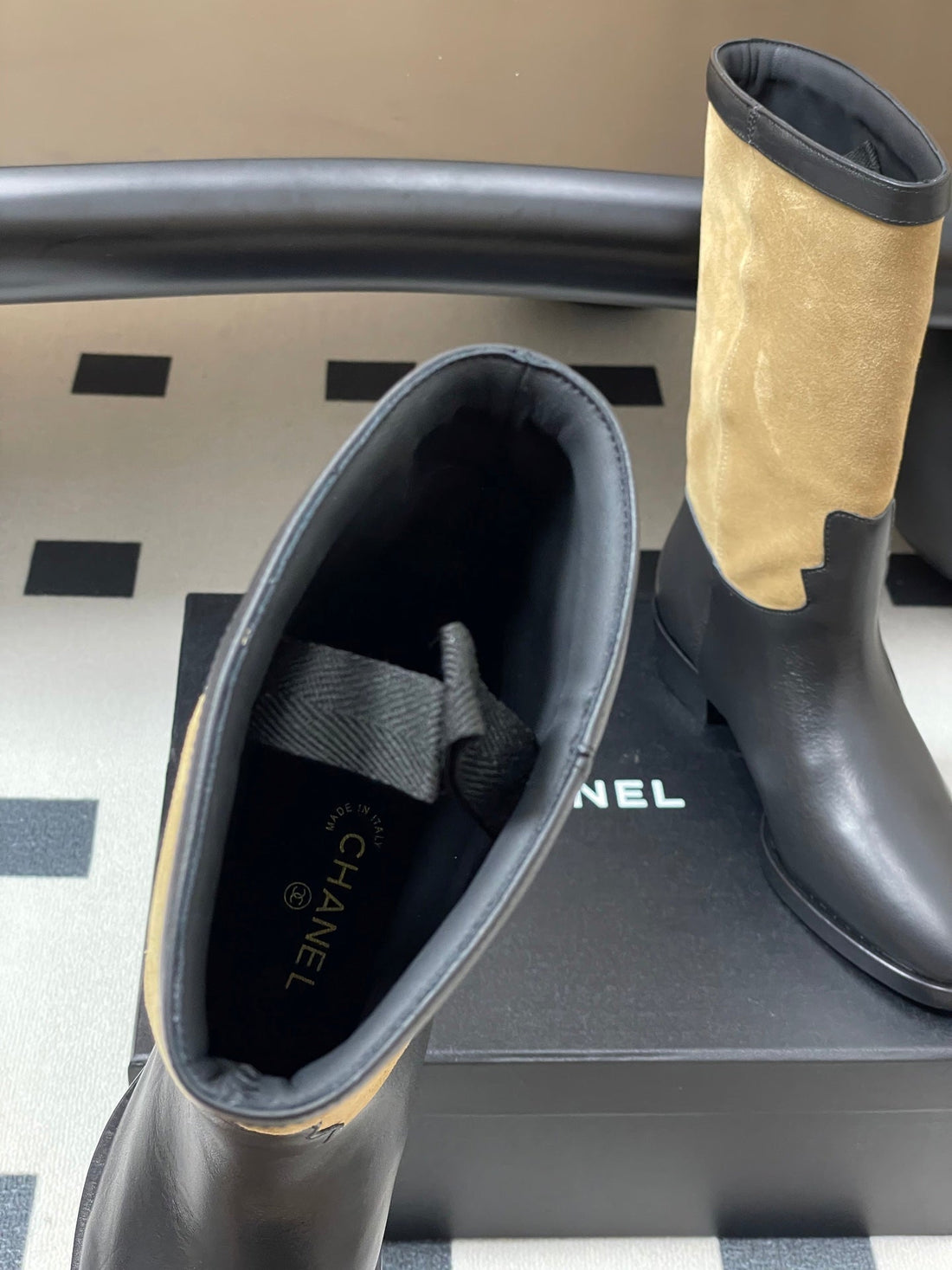 Chanel Boot 25 Beige Mix Black Cowhide Suede 175368