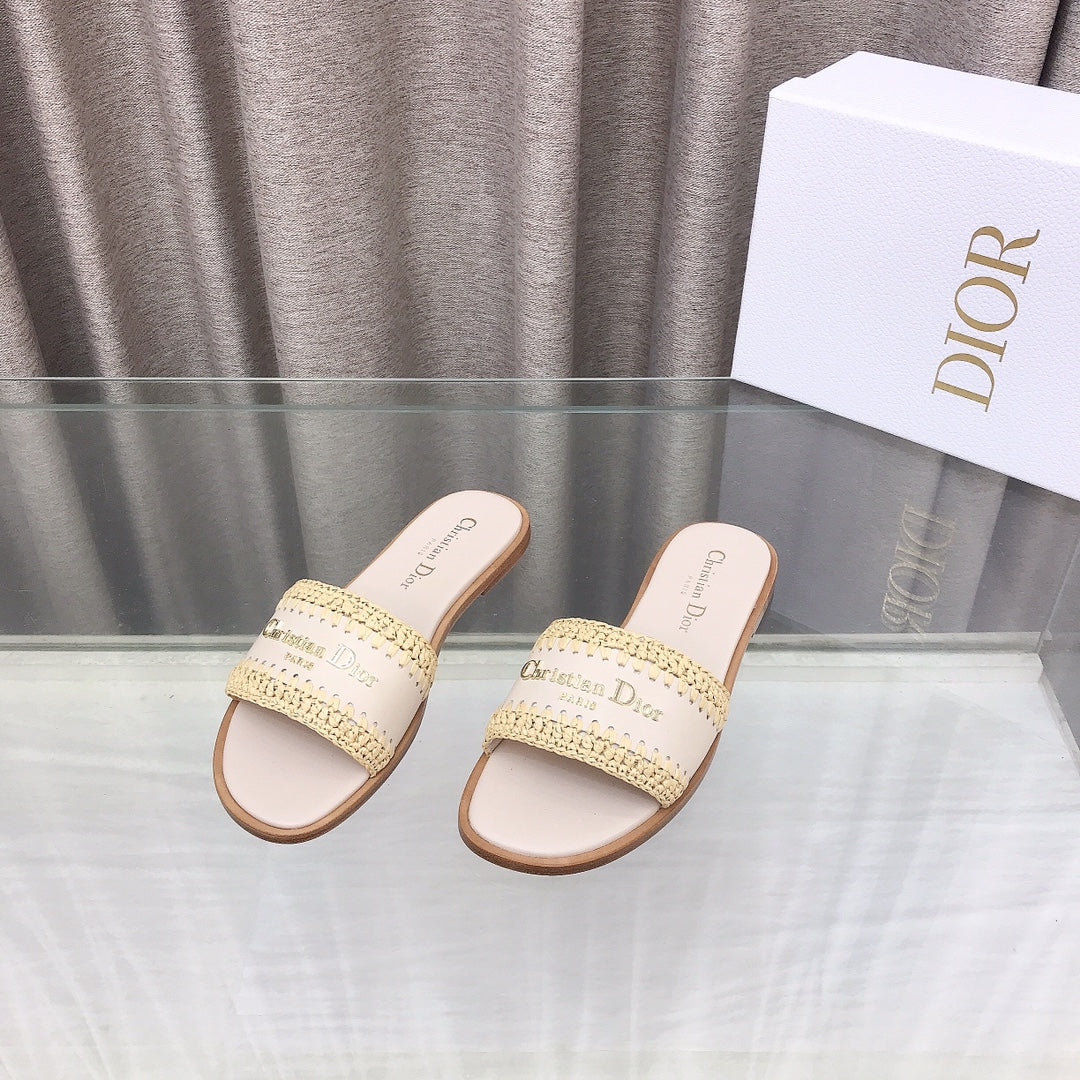 CD D-Lane Flat Colorblock Espadrilles Cream Raffia And Calfskin