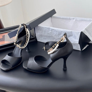 CC 25B Mary Janes 85MM High Heel Pearl Strap Black Sheepskin
