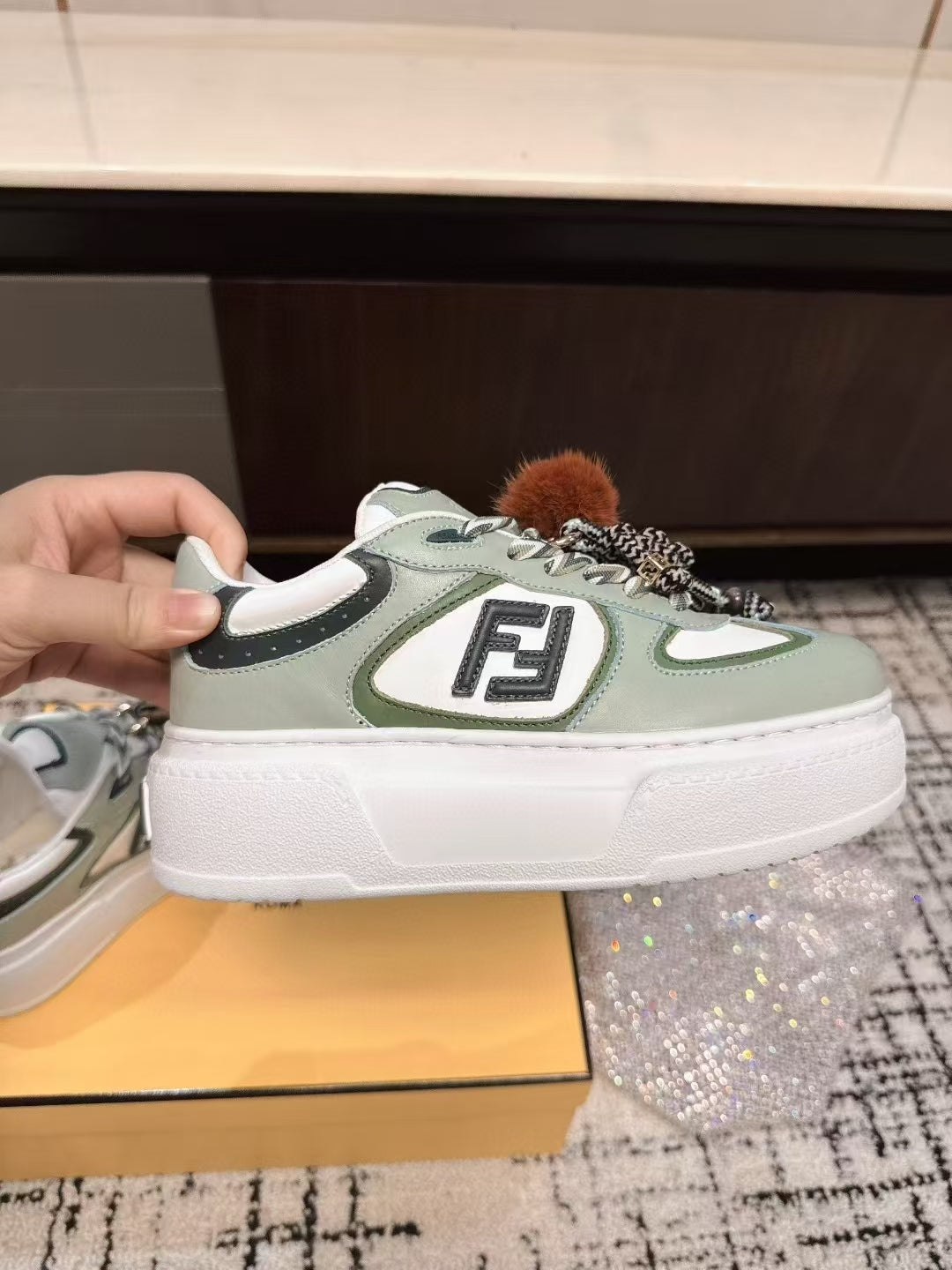 Fendi 25SS Thick-Sole Match Sneakers Mint Green Cowhide 470465