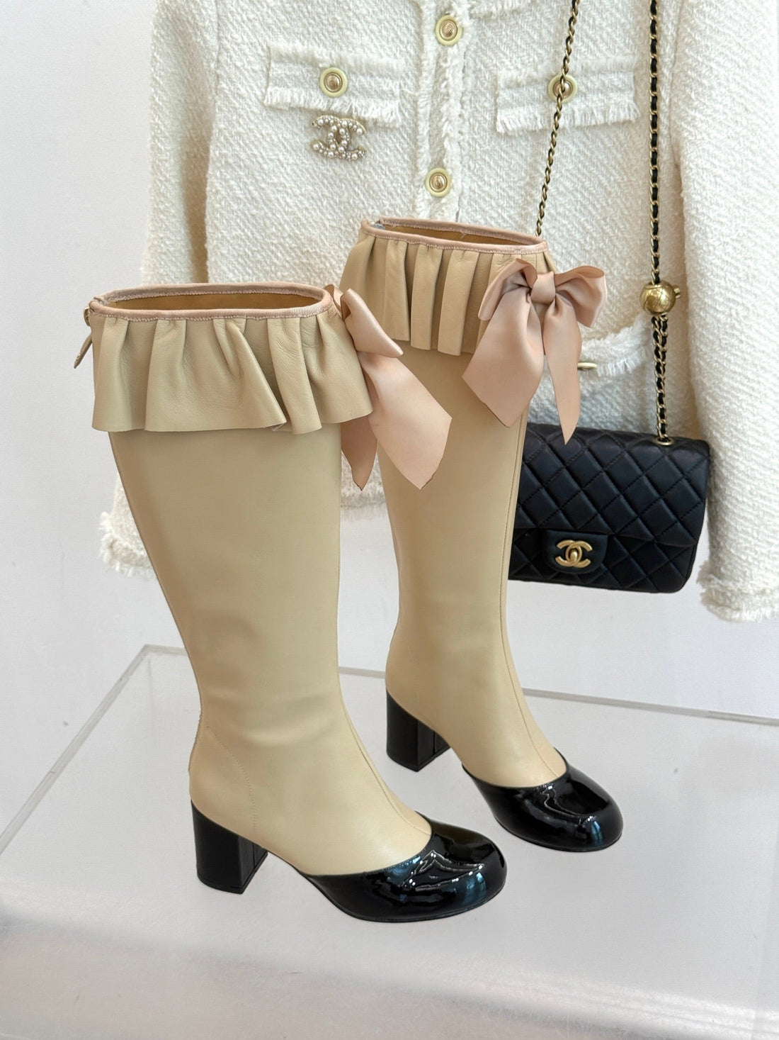 CC 25A Pleated-Collar Bow-Tie Stretch High Boots Beige Lambskin 473357