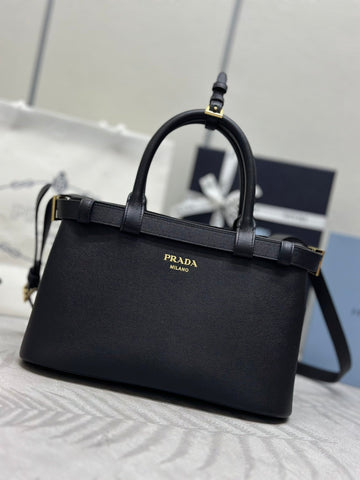 Pra 1BA418 Small Shopping Double Bag 28CM Black Cowhide 267523