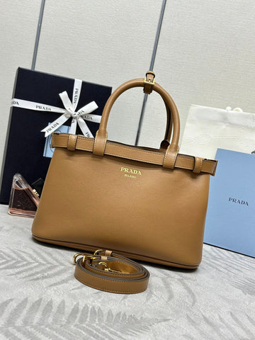 Pra 1BA418 Small Shopping Double Bag 28CM Brown Cowhide 267514