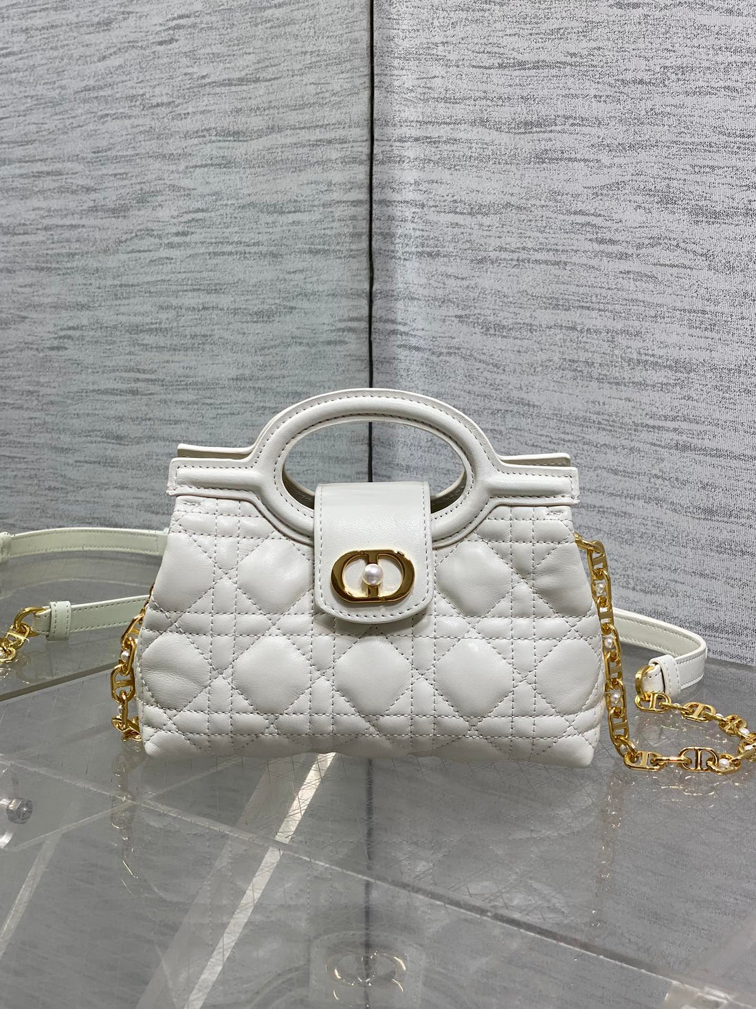 CD Jolie Top Handle Mini Chain Bag 19CM White Cowhide