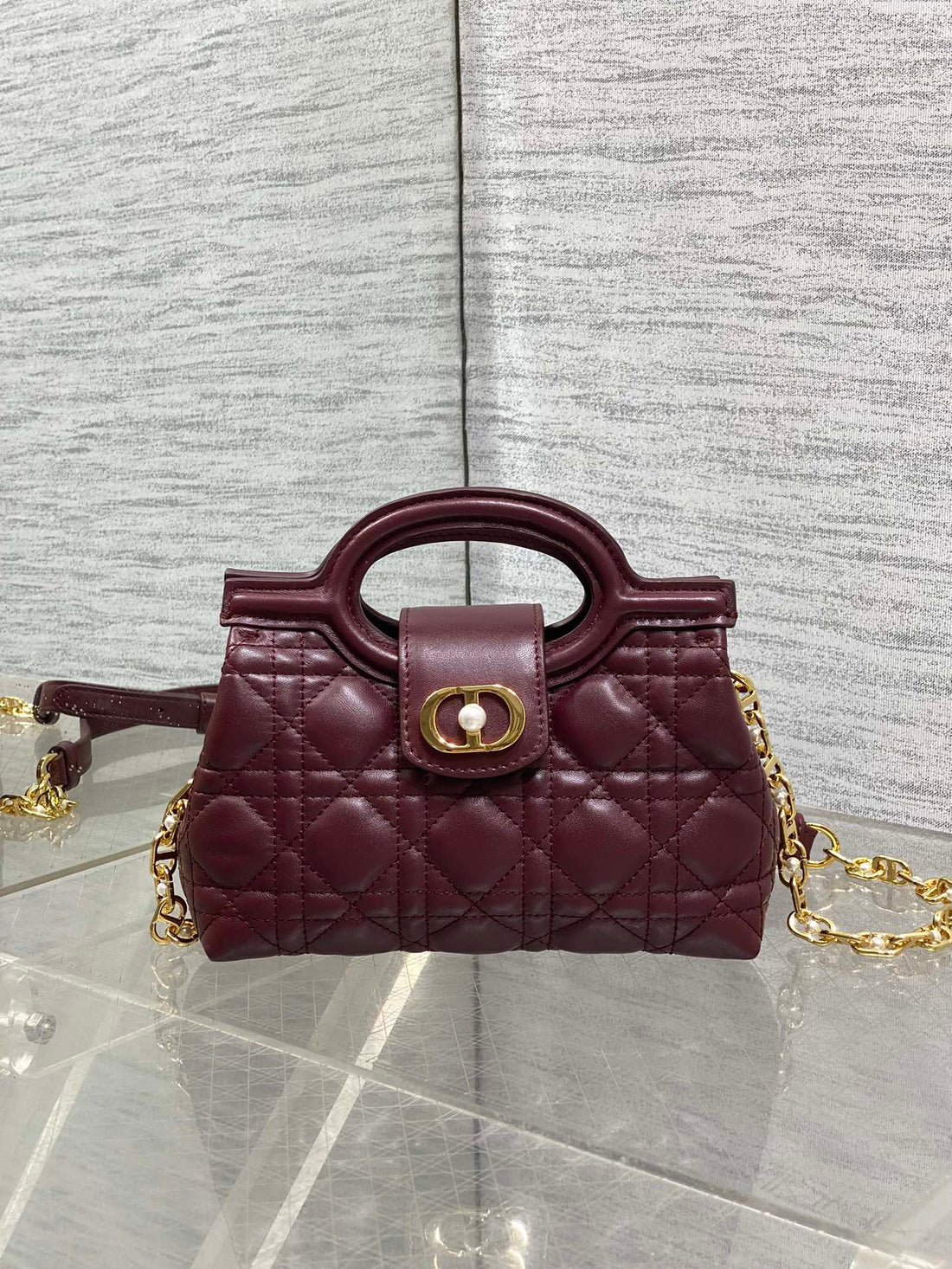 CD Jolie Top Handle Mini Chain Bag 19CM Burgundy Cowhide