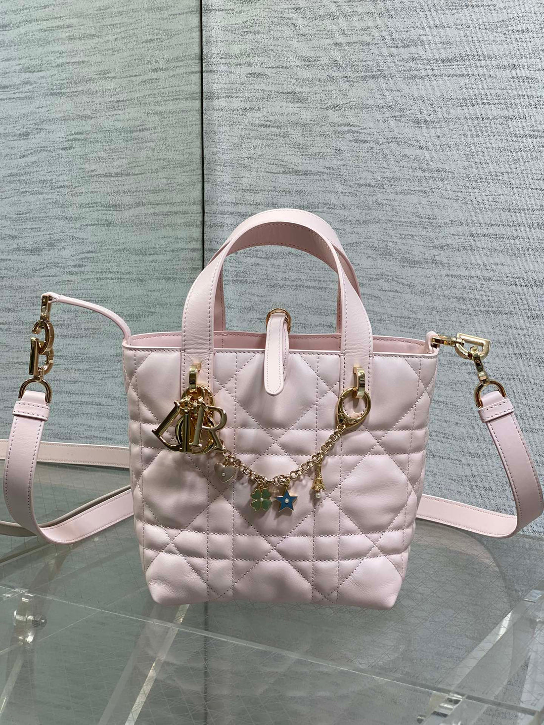 CD Toujours Vertical Small Built-In Lucky Charm Chain 18CM Pink Lambskin
