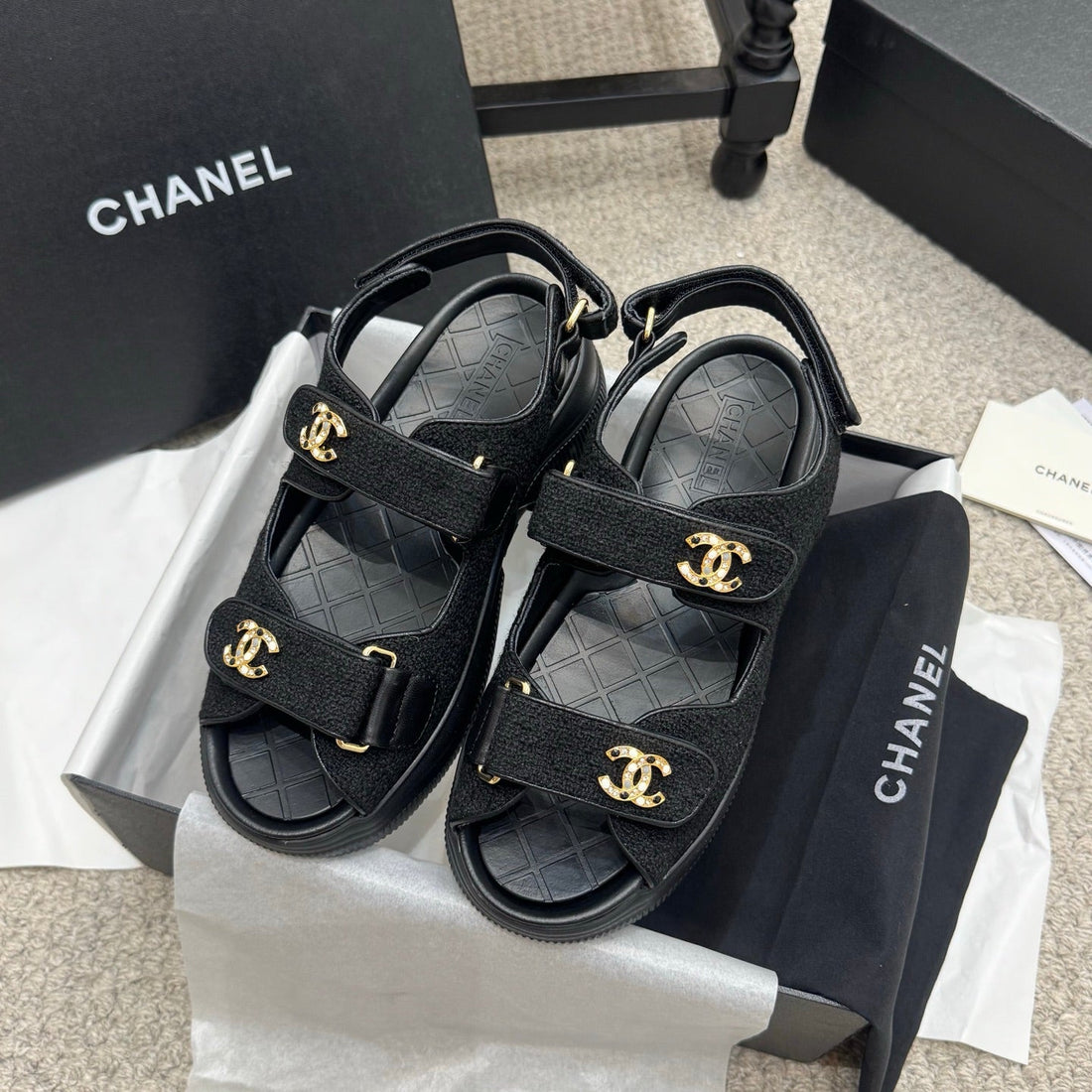 CC 25B Thick-Sole Casual Sandals With Velcro Black Fabric 489314