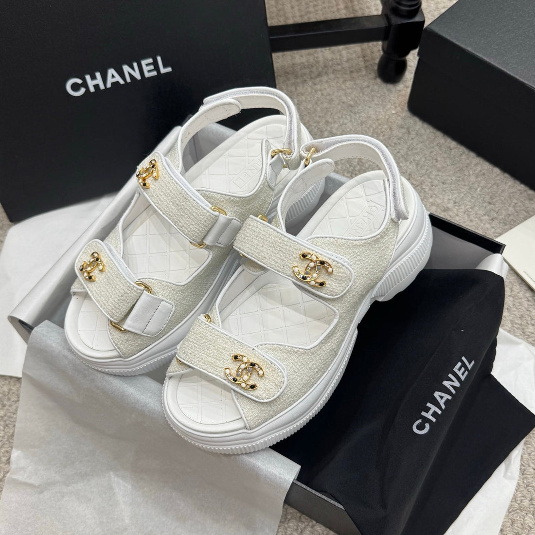 CC 25B Thick-Sole Casual Sandals With Velcro White Fabric 489313