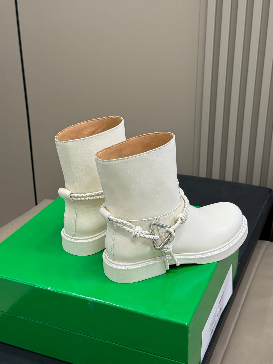 Bv 25FW Ankle Boots With Coaxial Detailing And Signature Metal Triangle In White Calfskin