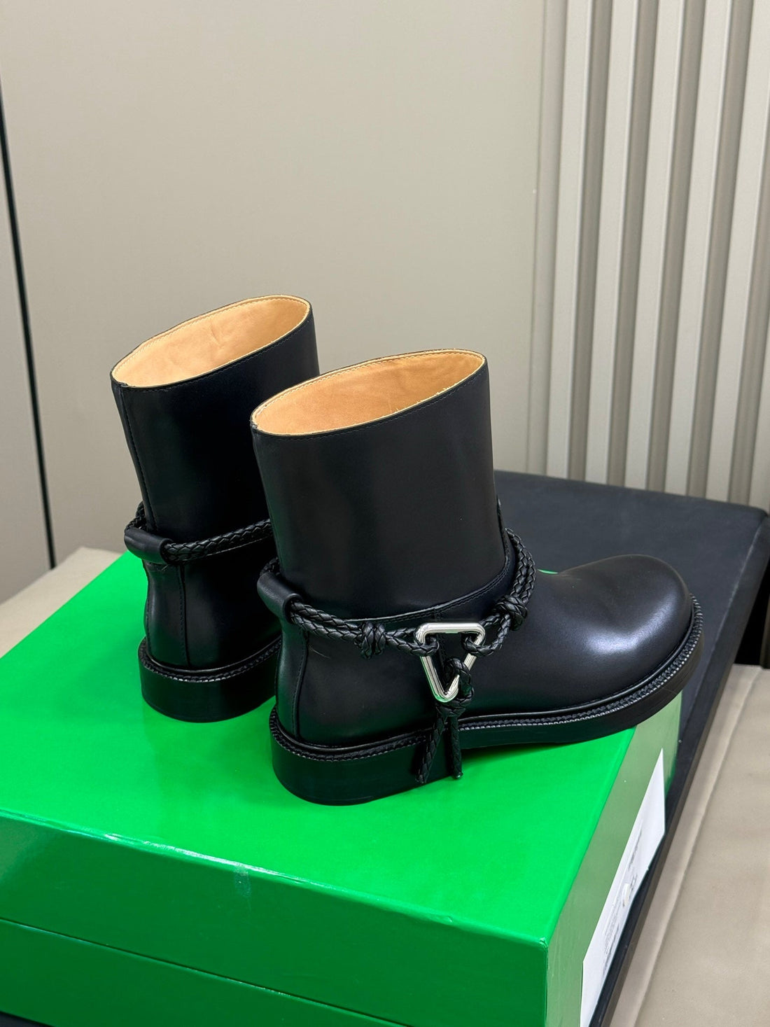 Bv 25FW Ankle Boots With Coaxial Detailing And Signature Metal Triangle In Black Calfskin
