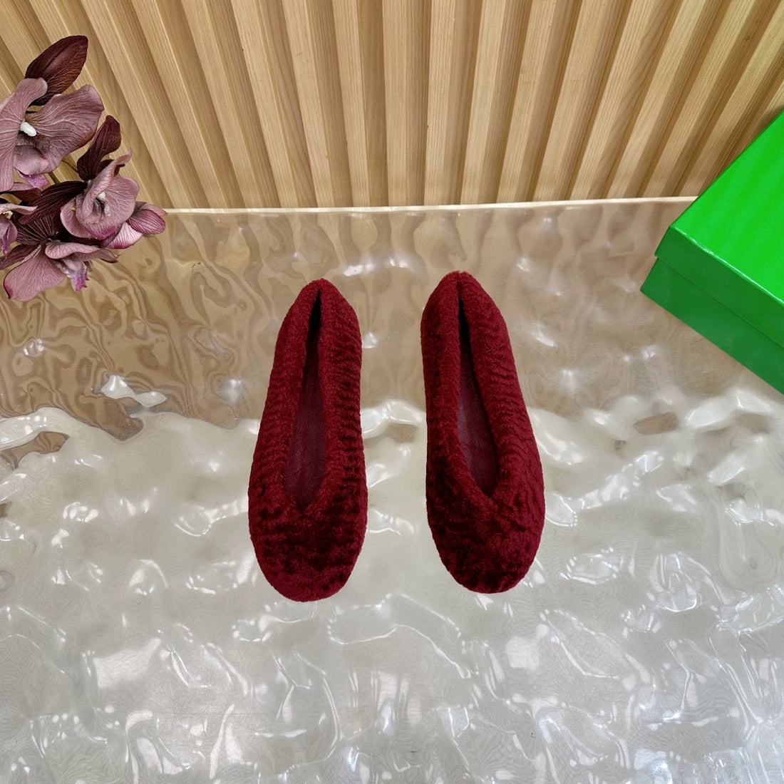 Bv 25SS Shearling Ballerina In Wine Red Wool Sheepskin