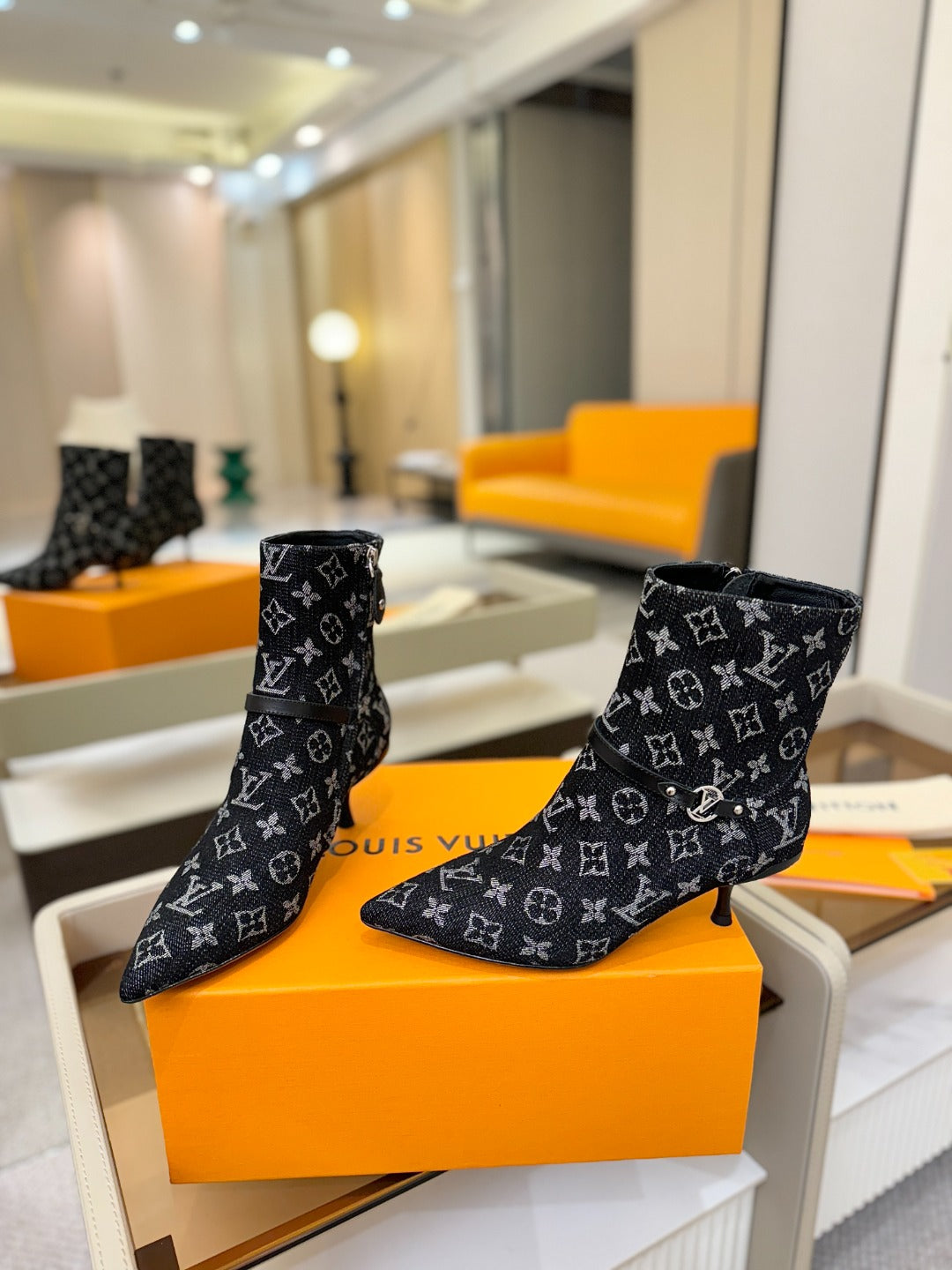 LV 6AM Ankle Boots 55MM Heel Navy Blue Denim 504807