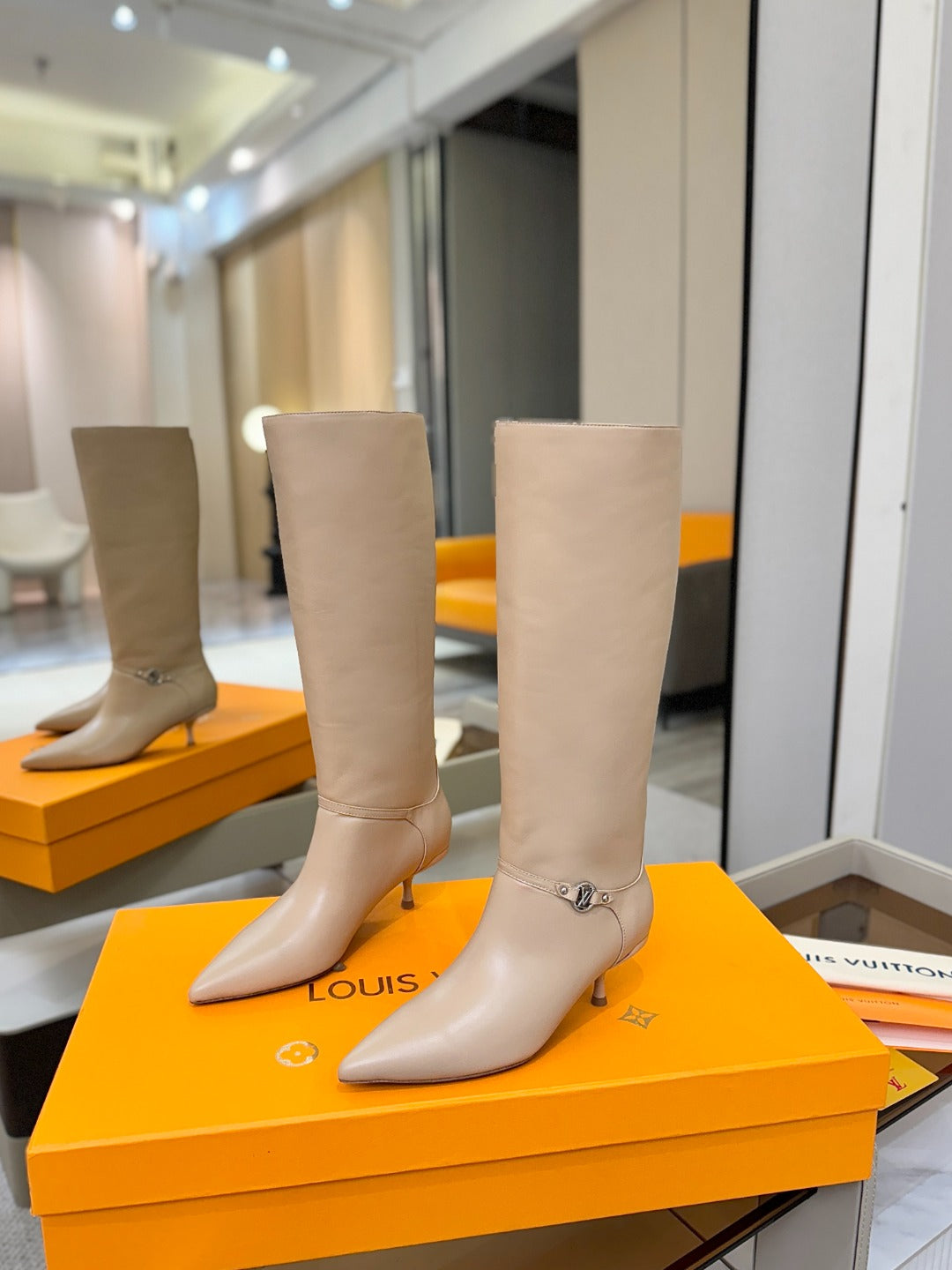 LV 6AM High Boots 55MM Heel Cream Calfskin 504806