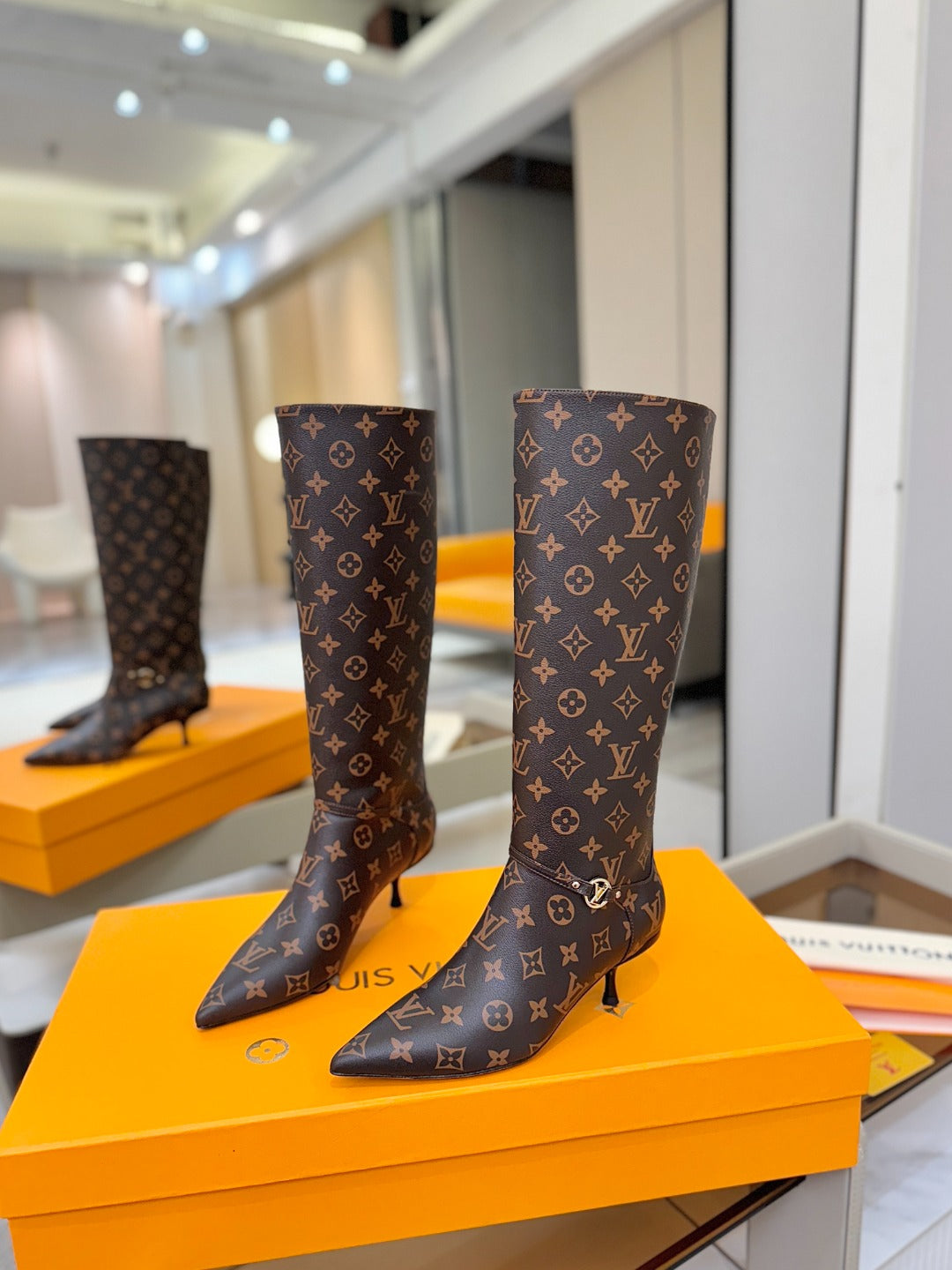 LV 6AM High Boots 55MM Heel Brown Monogram 504804