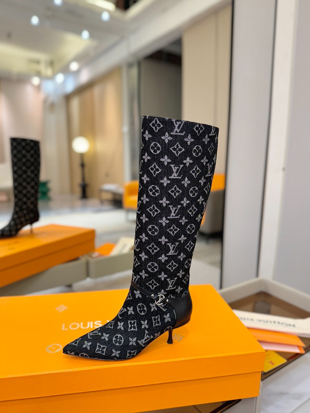 LV 6AM High Boots 55MM Heel Navy Blue Denim 504803